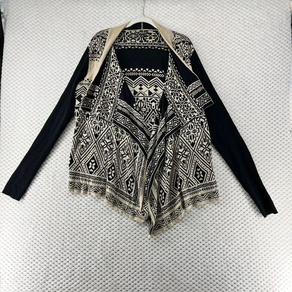 Lucky Brand Aztec Print Open Front Cardigan‎ Sweater Knit Black Beige L - Picture 1 of 8